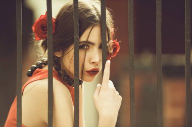 saç demir çit, gül desenli İspanyol kadın