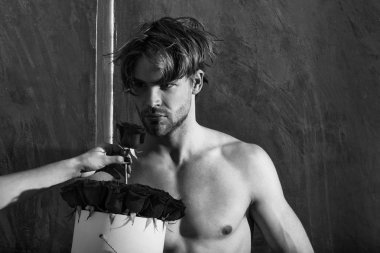 Sakallı kaslı adam seksi vücut ile kırmızı gül kutusu tutar