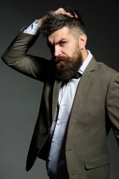 The fashion business not the frothy world of glamour. Bearded man after barber shop. Man with long beard in business wear. Business as usual. Mens fashion. Never ask a barber if you need a haircut