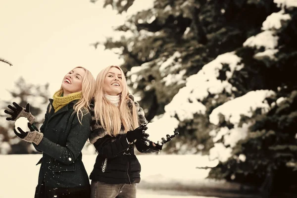 Chicas felices jugando bolas de nieve en el día de invierno — Foto de Stock