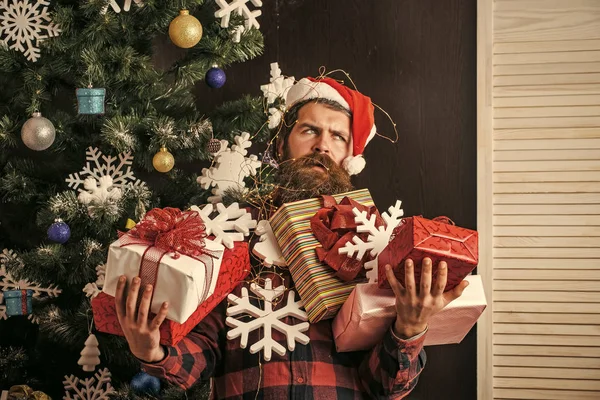 Santa Claus hombre con caja presente en el árbol de Navidad . —  Fotos de Stock