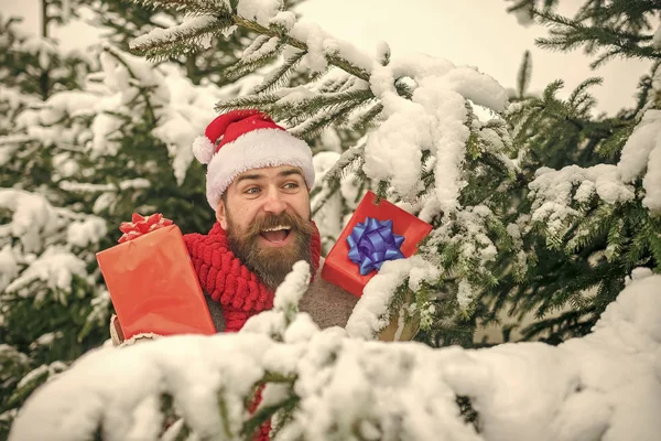 Noël homme heureux avec barbe tenir boîte cadeau . — Photo