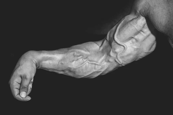 Arm met de spieren, de biceps, triceps en aders op zwarte achtergrond — Stockfoto