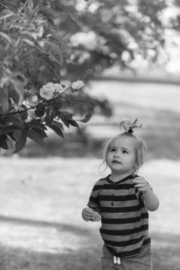 Şirin bebek çocuk çalıların üzerinden sarı çiçek çiçek