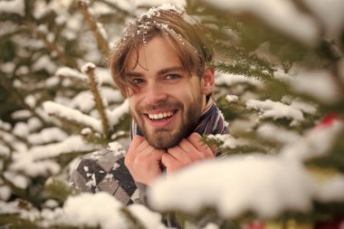 Köknar ağaçları kar ormandaki gülümseyen adam