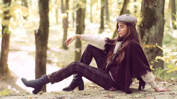 晴れた秋の日に公園で幸せな若い女。秋の女性。公園で倒れた秋の上に座って美しい若いブルネットの葉します。. — ストック動画
