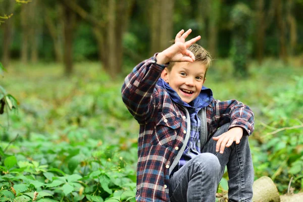 Im ok. Petit enfant montrent ok signe. Joyeux petit enfant. Petit garçon se détendre dans la forêt. Tout va bien. — Photo