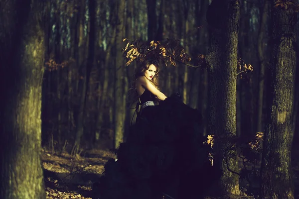Elegante jonge vrouw in het bos — Stockfoto