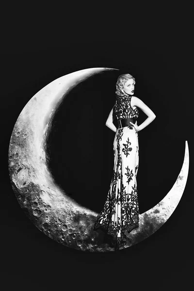 Woman in dress on moon — Stock Photo, Image