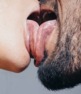 Tongue. Closeup couple mouths kissing. Sensual kiss. Intimate relationship and sexual relations. Tongue. Couple In Love. Romantic and love. clipart