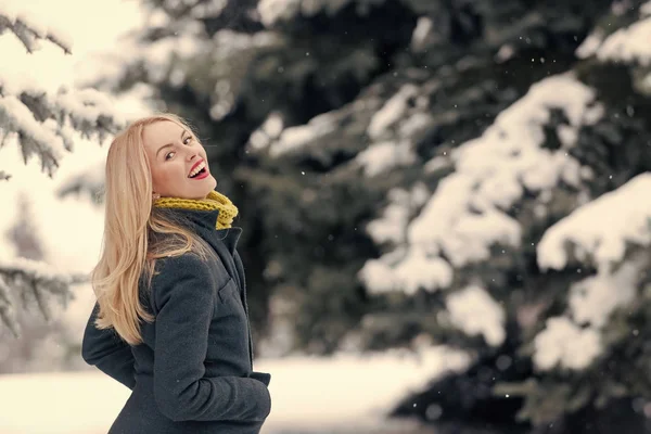 Menina feliz andando na floresta de neve — Fotografia de Stock