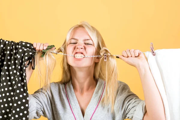 Vintage housekeeper woman. stressed retro housewife. Busy mother. Multitasking mom. Performing Different Household Duties. Maid or housewife cares about house. Angry wife