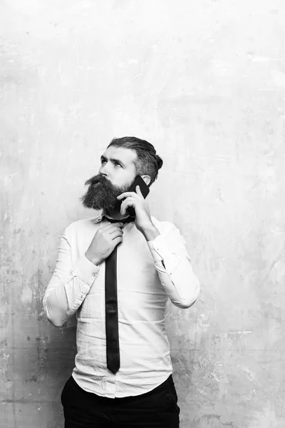 Homme d'affaires ou homme barbu à longue barbe parlant au téléphone — Photo