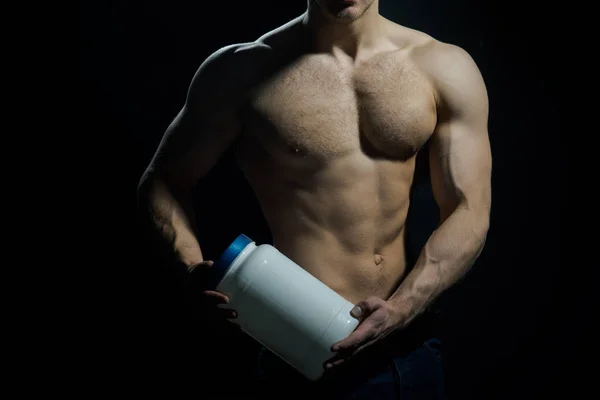 Vitamíny Jsou Organické Sportovní Výživa Vitaminů Dietu Atletický Muž Drží — Stock fotografie