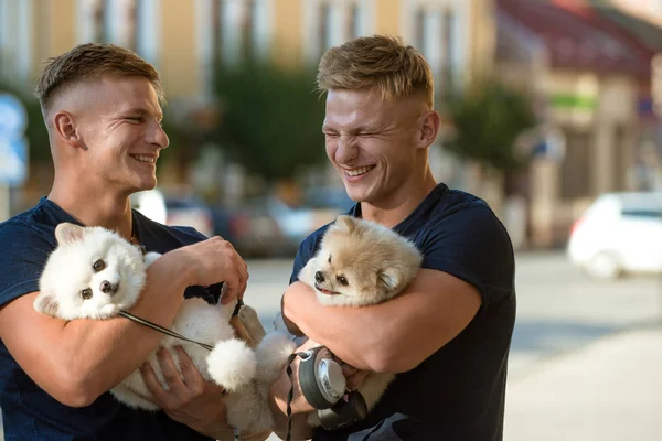 Nic jiného, než štěstí. Šťastná rodina na procházce. Muži s psí mazlíčky. Dvojčata muži drží Chovné psy. Happy twins s svalnatý vzhled. Spitz psi milují společnost své rodiny — Stock fotografie