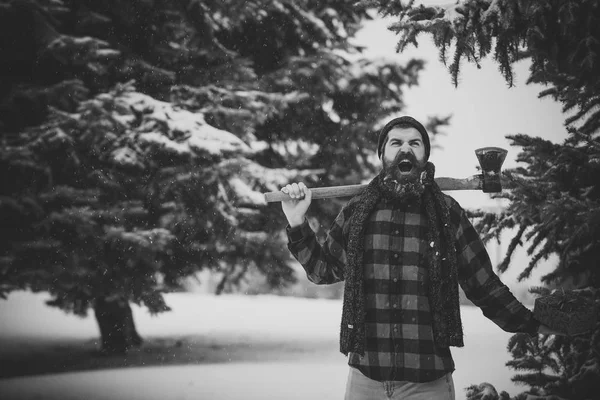 Kerst hipster houthakker met ax in hout. s — Stockfoto
