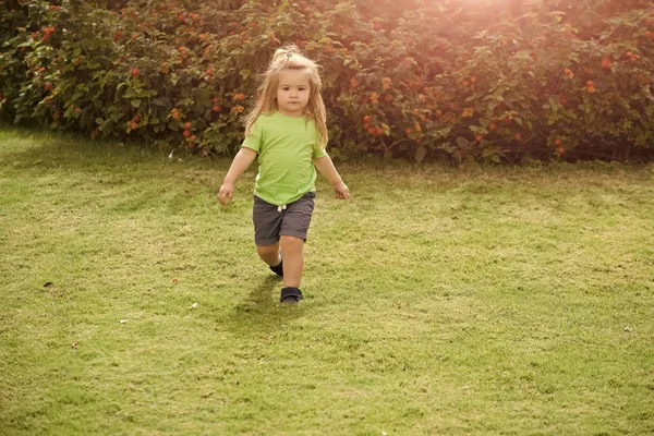 Bambino che cammina sull'erba verde — Foto Stock