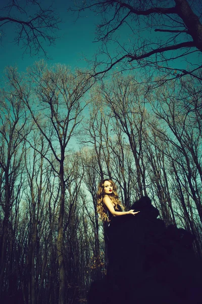 Elegante jonge vrouw in het bos — Stockfoto