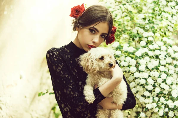 Žena drží psa s španělské make-up, růží ve vlasech — Stock fotografie