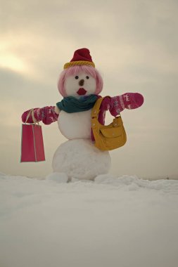 Kardan adam pembe peruk, eldiven, şapka ve atkı.