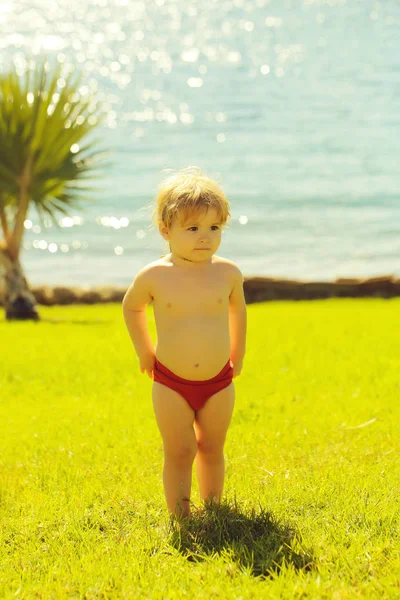 Roztomilý chlapeček chodí na zelené trávě — Stock fotografie