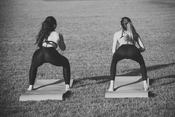 Gesundheitsfrauen machen sportliche Übungen auf grünem Gras — Stockfoto