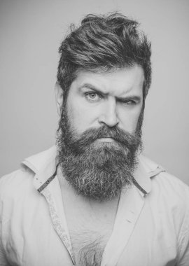 Uzun sakal, bıyık ve şık saç, açık renkli olan adam. Maço sıkı yüzünde bunca gömlek giyer. Berber veya Kuaför kavramı. Modern saç modeli adamla Kuaför ziyaret