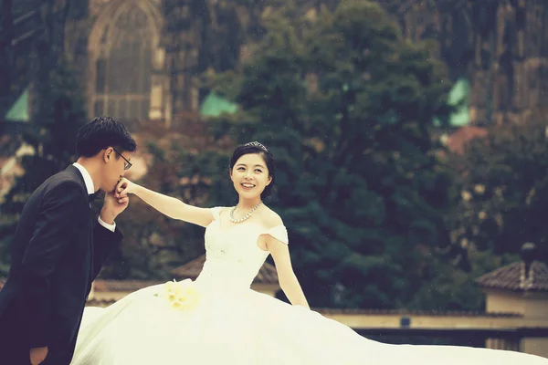 Čínská roztomilé mladí novomanželé venkovní — Stock fotografie