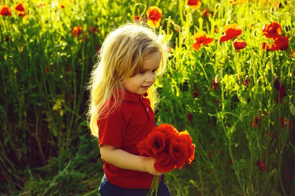 Piccolo ragazzo o bambino nel campo dei semi di papavero — Foto Stock