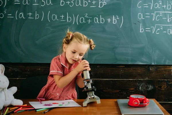 Niña aprender usando microscopio en la lección de la escuela. Lindo niño mira en microscopio instrumento óptico en el aula de ciencias. Donde las pequeñas cosas significan mucho — Foto de Stock