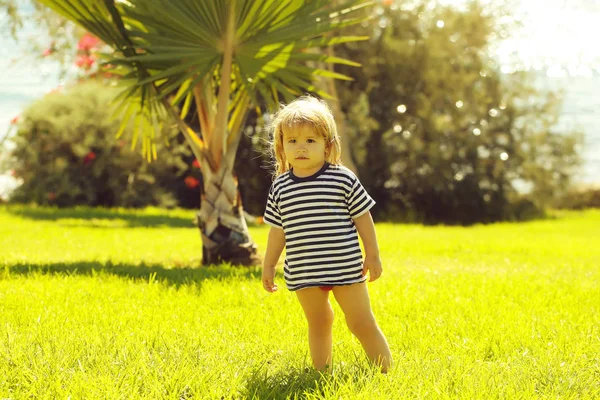 ストライプ t シャツにかわいい赤ちゃん少年は緑の草の上を歩く — ストック写真