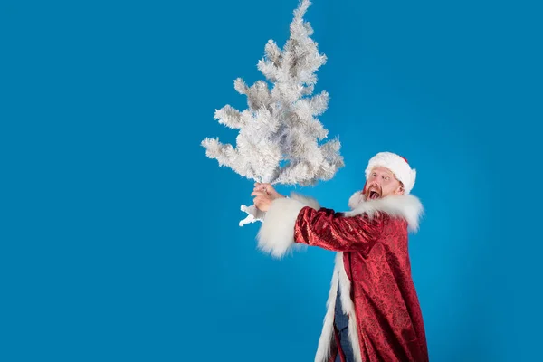 Witte kerstboom. Kerst kopie ruimte. De verkoop van de vakantie op Nieuwjaar. Kerstman met Kerstmis pak. Gelukkig Nieuwjaar. Komische santa. Wintervakantie kopiëren ruimte. — Stockfoto