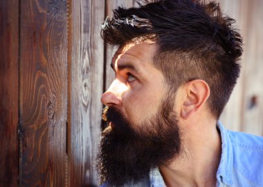 Sakalı kendimi sevmiyorum. Sakal moda trendi. Moda sakal ve bıyık yakışıklı adam. Şık saçlı sakallı adam. Kuaför dükkanı veya berber dükkanı. Kuaför içinde önemli bir hayat mans