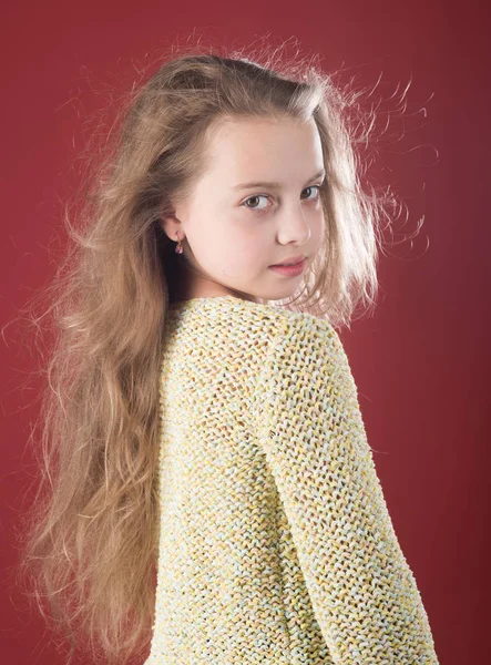 Πήρε μεγάλη στυλ. μικρό κορίτσι με μακριά μαλλιά. Μόδα πορτρέτο του μικρού κοριτσιού. ομορφιά. Κομμωτήριο παιδί. Περιποίηση του δέρματος και μαλλιών. παιδική ηλικία του ευτυχισμένο παιδί. Φαίνονται καθιερώνουσες τη μόδα — Φωτογραφία Αρχείου