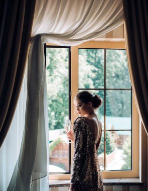 Şampanyalı şenlikli kadınlar. Kutlama konsepti. Lüks bir kutlama ve tatil. Lüks bir kutlama partisinde güzel, mutlu bir kadın. Doğum günü ya da yeni yıl kutlaması.