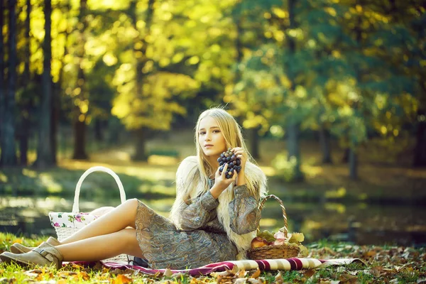 Söt flicka på picknicken — Stockfoto