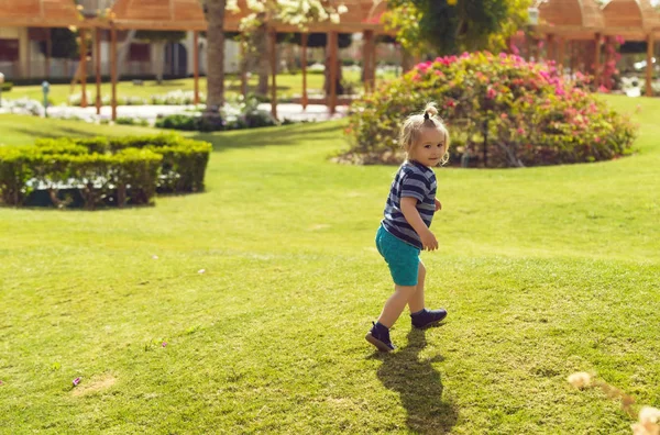 Happy cute baby boy playing on green grass — Stock Photo, Image