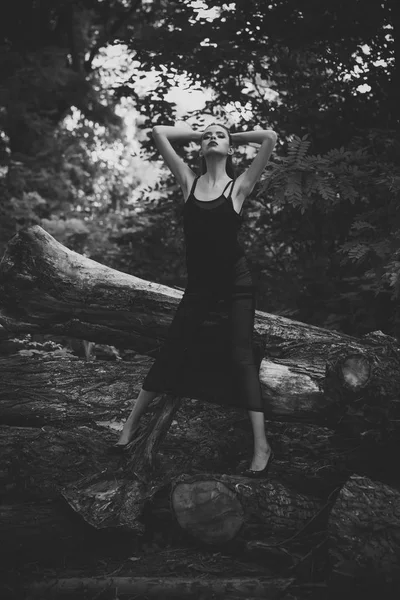 La mujer en el vestido a la moda posan sobre el tronco del árbol, la moda. Mujer con maquillaje y pelo rizado largo en la naturaleza, mira. Modelo de moda con look glamour, vacaciones de verano. Belleza chica en el bosque, frescura — Foto de Stock