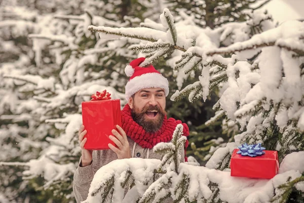 Boże Narodzenie szczęśliwym człowiekiem przytrzymaj pole obecne w mroźną zimę z lasu — Zdjęcie stockowe
