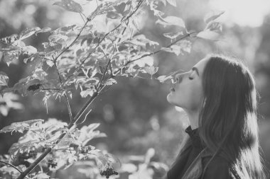 Bahar zaman genç kız kartopu veya rowan ağacı güneşli, açık. kadın baharda ağacın yanında dur. Spa terapi ve tedavi, doğa. Güzellik ve gençlik moda.