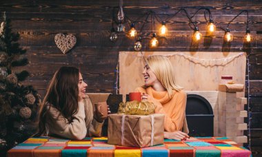 Noel kutlamaları, tatil. Neşeli Noel evde arkadaşlar. Noel kız. En iyi dostlar. Mutlu Noeller ve mutlu tatiller.