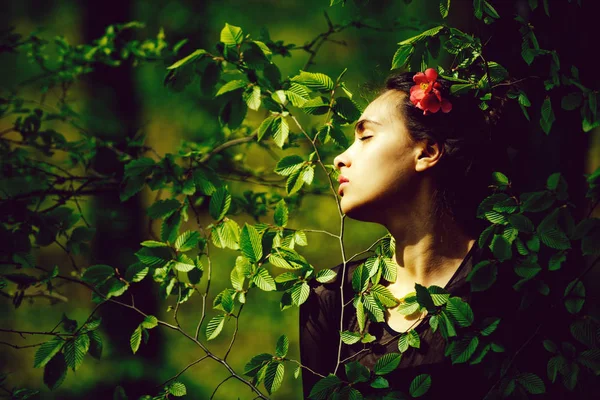 Mujer con flor en el pelo en hojas de árbol verde — Foto de Stock