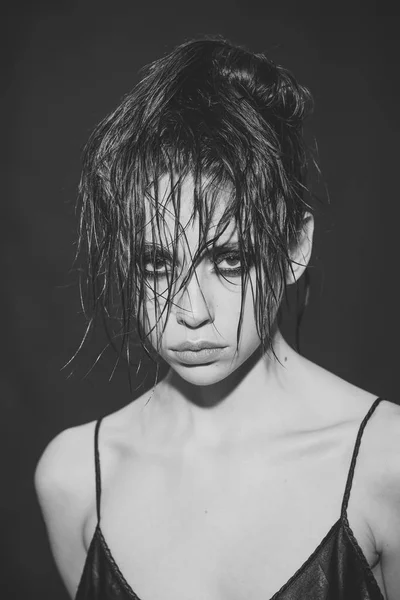 stock image Beauty portrait of caucasian woman with hairstyle. Looking at camera. Studio shot. black background.