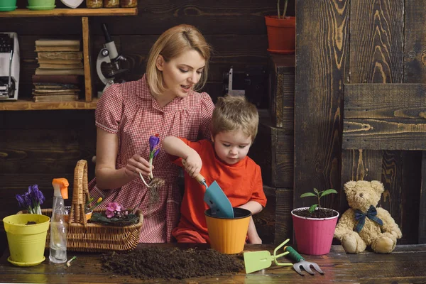 Concepto florista. Floristería mujer y niño pequeño maceta flor. Floristería casera en el trabajo. Floristería —  Fotos de Stock