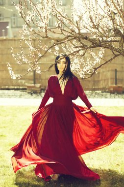 Çiçeklenme tree yakınındaki kız