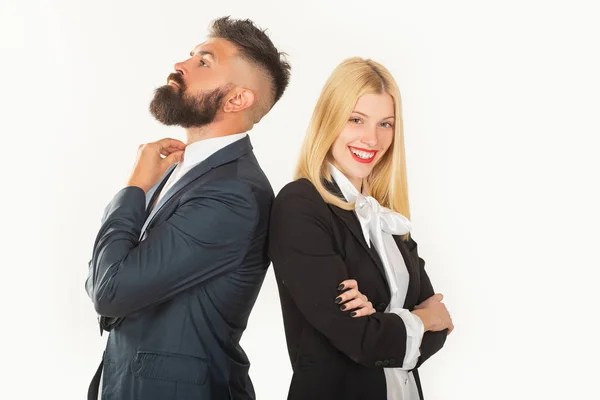 Business man and woman portrait on white background. Business concept.