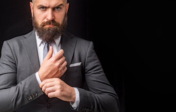 Man suit fashion. Luxury classic suits, vogue. Man in classic suit, shirt and tie. Rich man model.