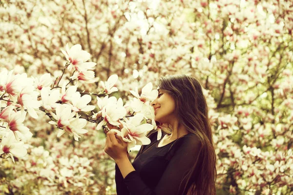 女の子やピンク 開花ぼやけて花環境で晴れた日に公園の樹木にマグノリアの花の花を楽しんで長いブルネットの髪を持つかわいい女性 繁栄と春 — ストック写真