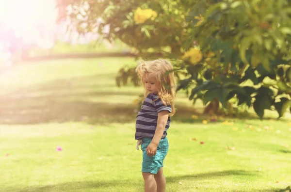 Bambino carino a fiori fiorenti gialli da cespugli — Foto Stock