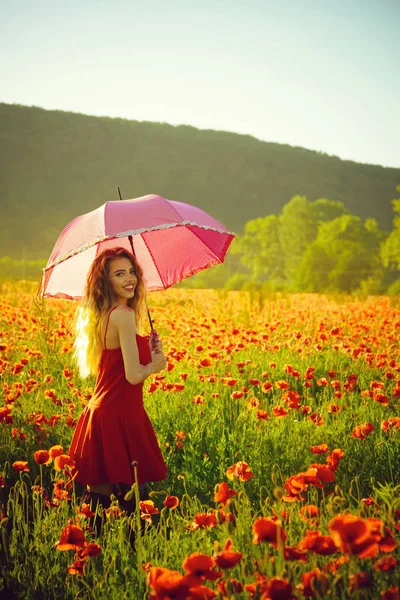 Kvinna i området för vallmofrö med paraply — Stockfoto